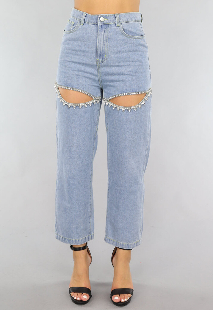 Blauwe Denim Straight Leg Jeans met Strass Steentjes