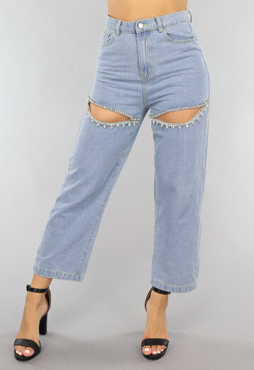 NEW2905 Blauwe Denim Straight Leg Jeans met Strass Steentjes