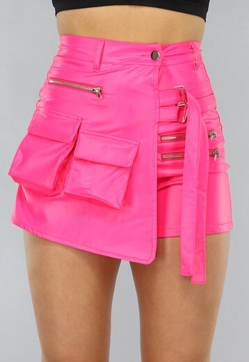 Lederlook Cargo Overslag Skort in Neon Roze