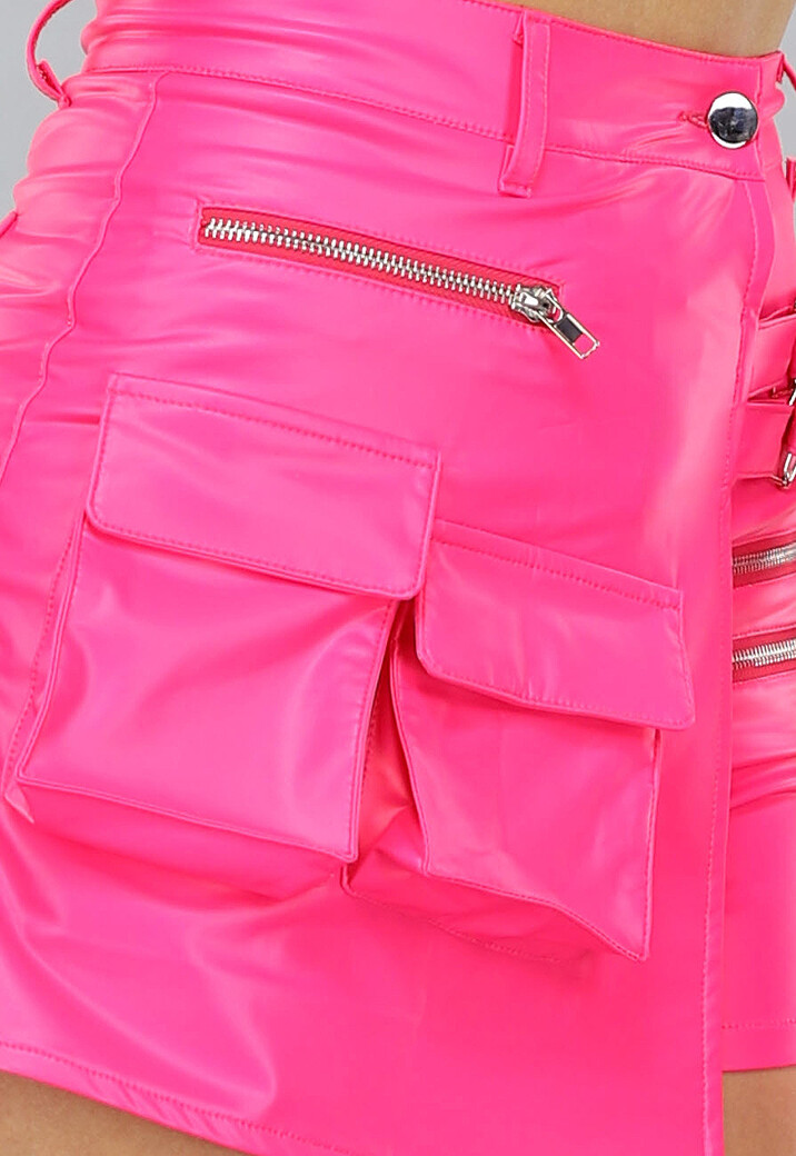 Lederlook Cargo Overslag Skort in Neon Roze