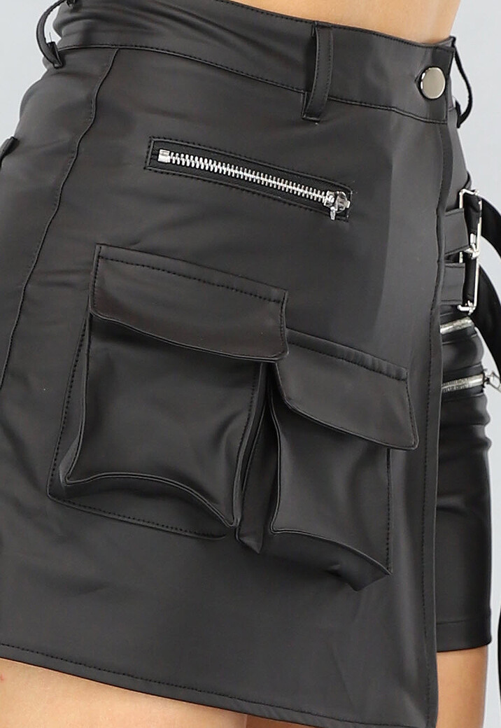 Zwarte Lederlook Cargo Skort met Overslag