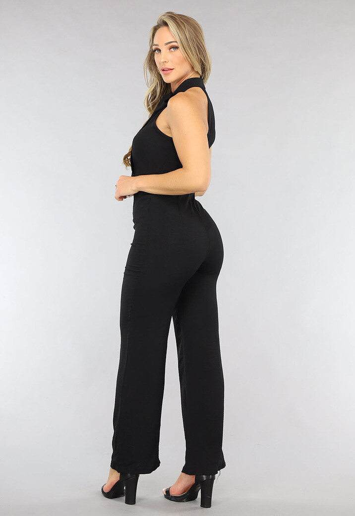 Zwarte Halter Jumpsuit met Strikdetail