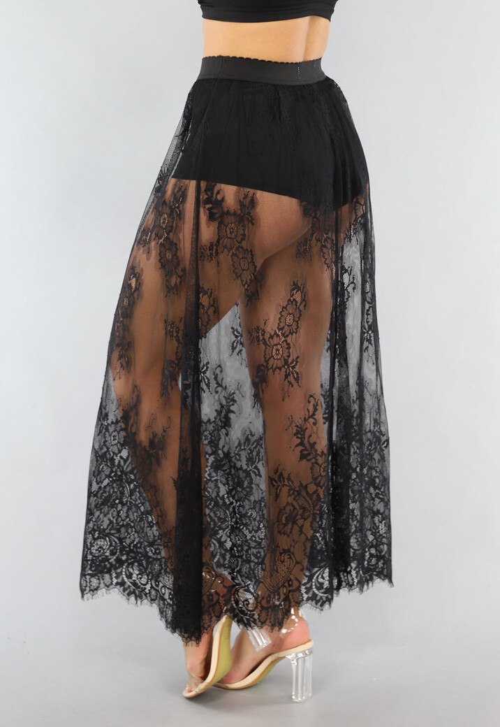 Zwarte Kanten Maxi Rok met Ingewerkt Broekje