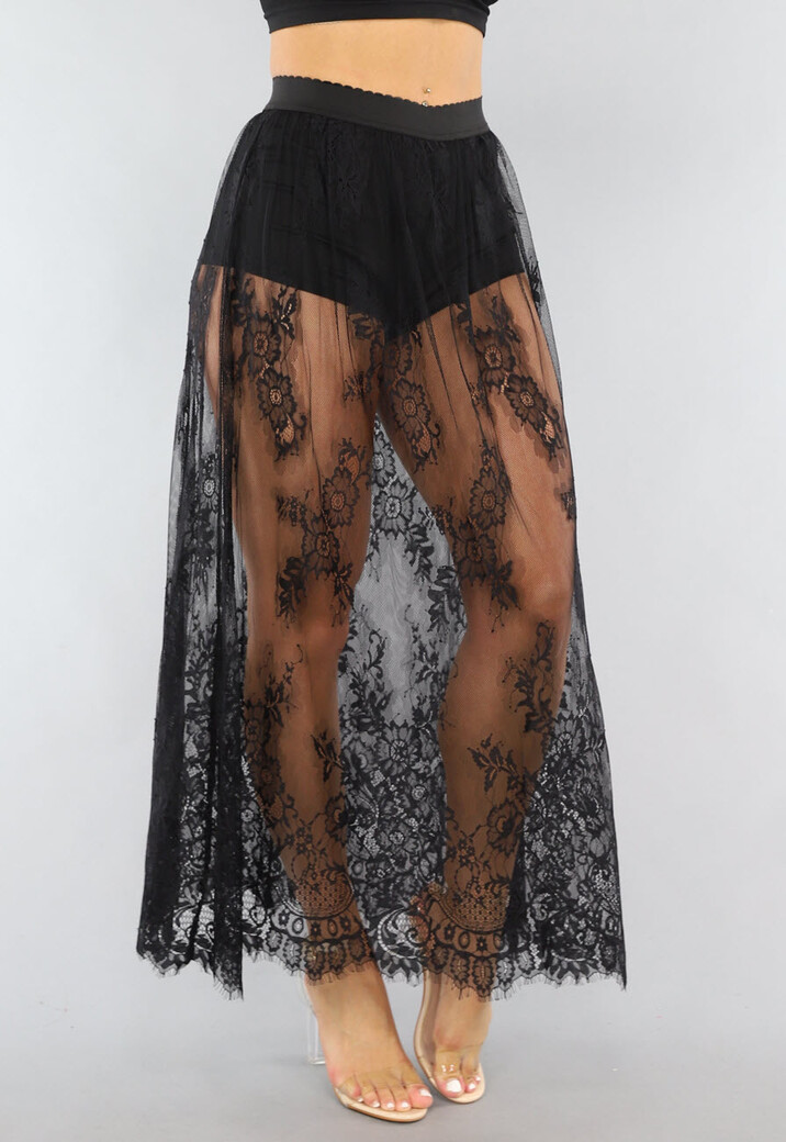 Zwarte Kanten Maxi Rok met Ingewerkt Broekje