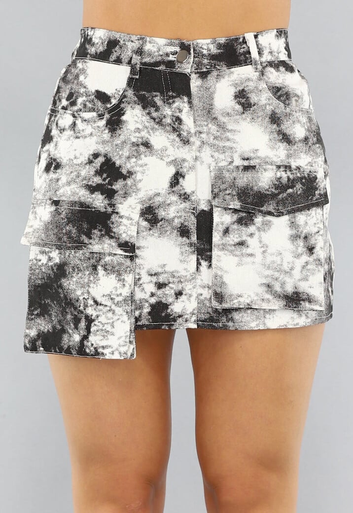 Zwart Witte Print Rok met Cargo Zakken