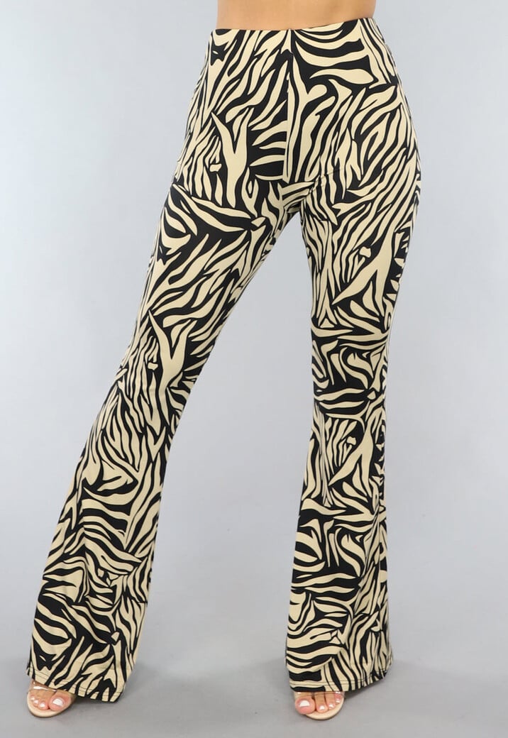 Elastische Beige Zebra Broek met Wijduitlopende Pijpen