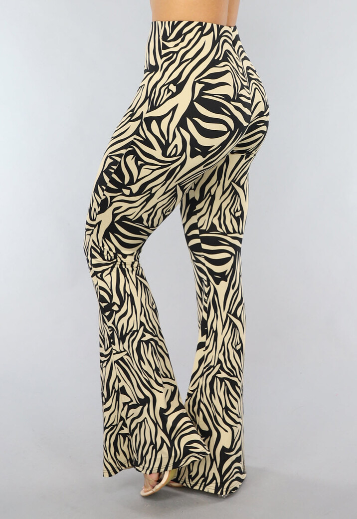 Tall Elastische Beige Zebra Broek met Wijduitlopende Pijpen