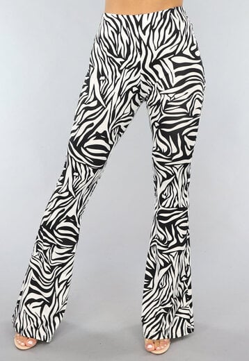 NEW1206 Witte Zebraprint Flair Broek met Elastische Taille