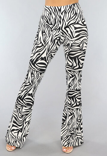 Witte Zebraprint Tall Flair Broek met Elastische Taille