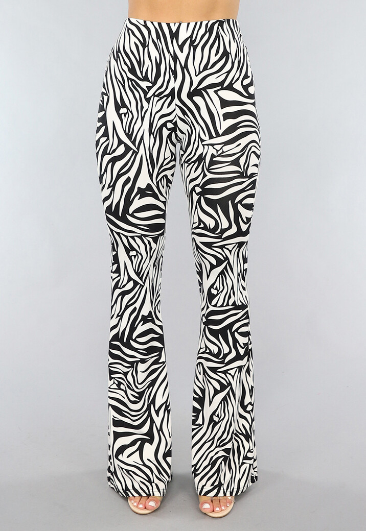 Witte Zebraprint Tall Flair Broek met Elastische Taille