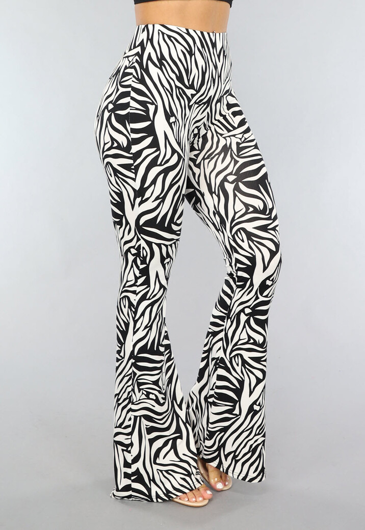 Witte Zebraprint Tall Flair Broek met Elastische Taille