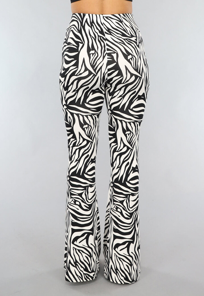 Witte Zebraprint Tall Flair Broek met Elastische Taille