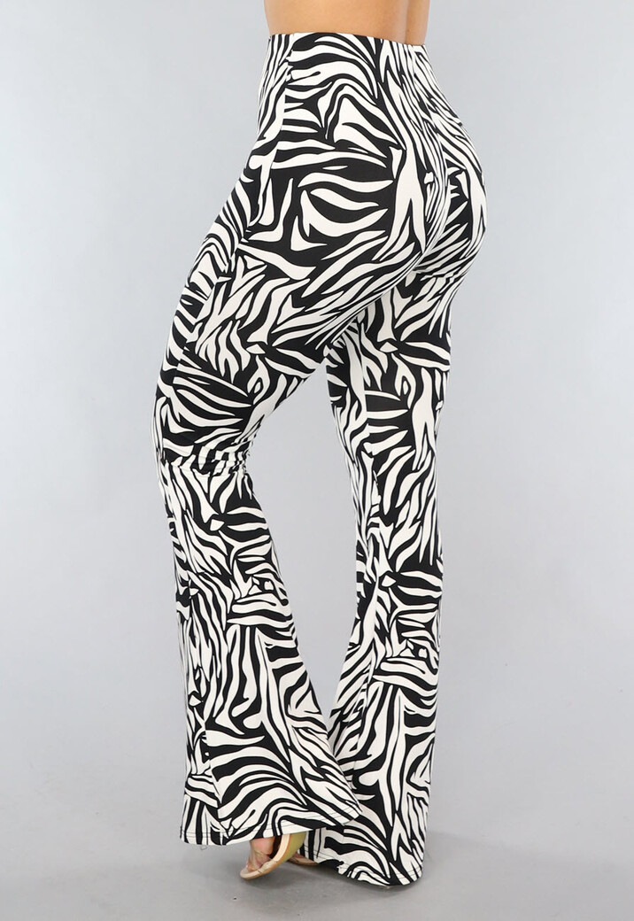 Witte Zebraprint Tall Flair Broek met Elastische Taille