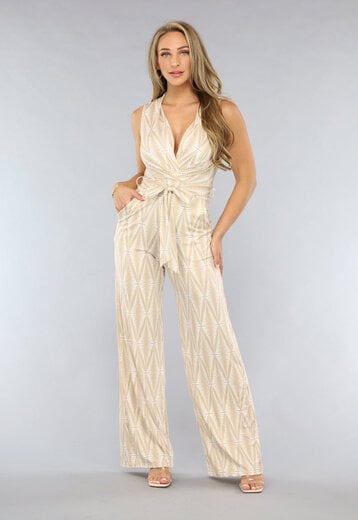 NEW1206 Beige Wide Leg Print Jumpsuit met Overslag