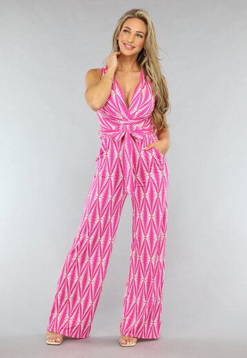 NEW1206 Fuchsia Print Jumpsuit met Overslag en Stretch