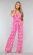 Fuchsia Print Jumpsuit met Overslag en Stretch