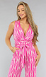 Fuchsia Print Jumpsuit met Overslag en Stretch