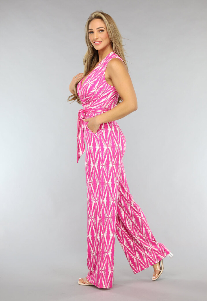 Fuchsia Print Jumpsuit met Overslag en Stretch