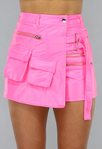 Roze Lederlook Overslag Skort met Ritsen en Gespdetails