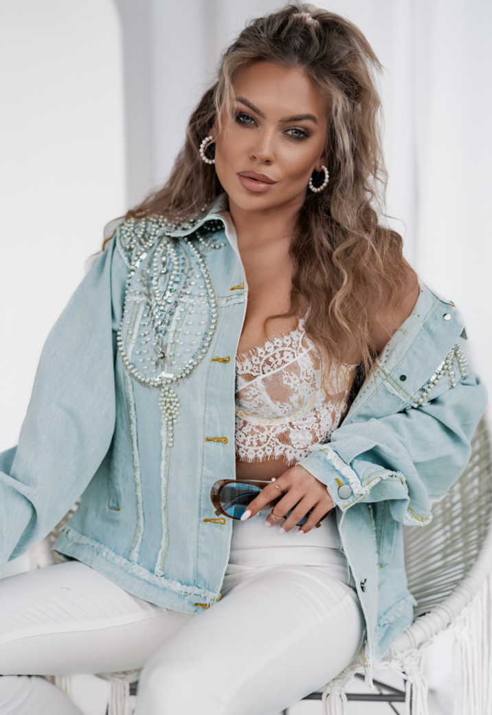 Deluxe Denim Jacket met Parels en Print