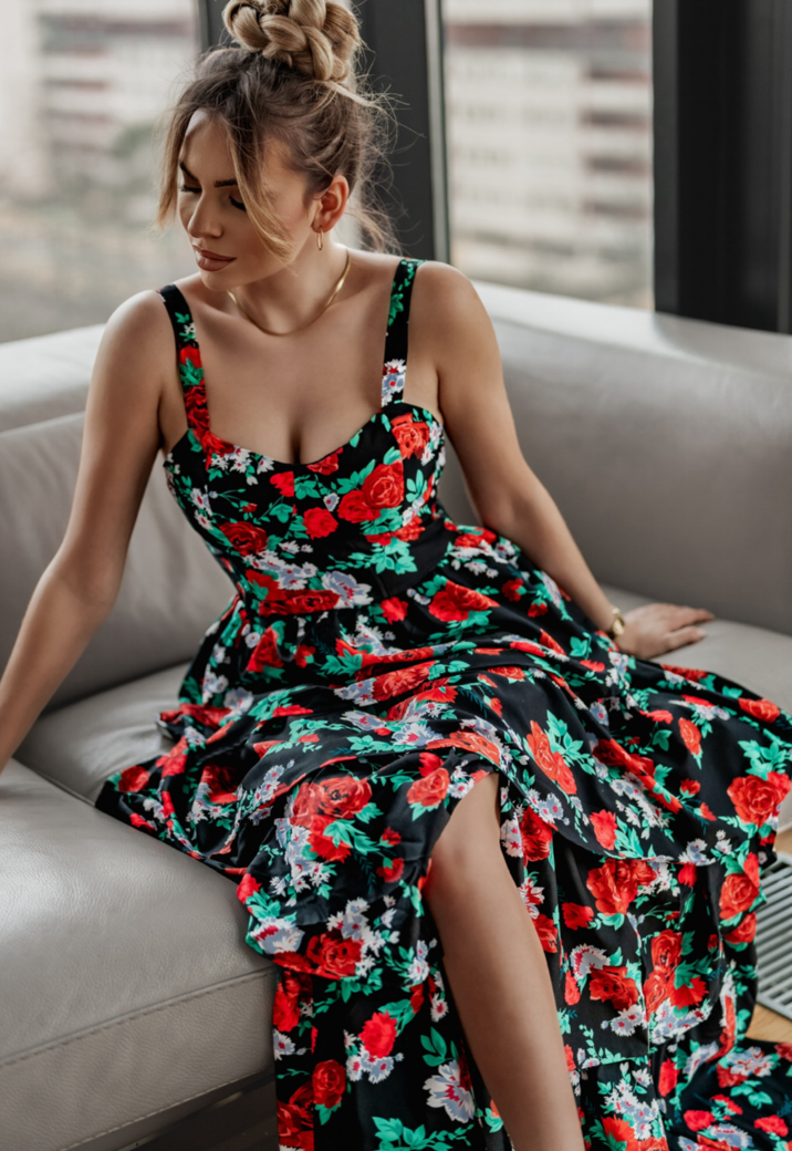 Zwarte Bloemen Jurk met Layered Rok en Split