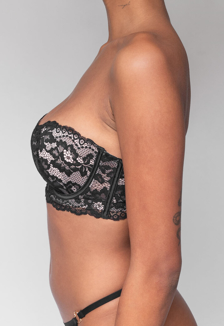 Zwarte Kanten Balconette BH met Push-Up en Afneembare Bandjes