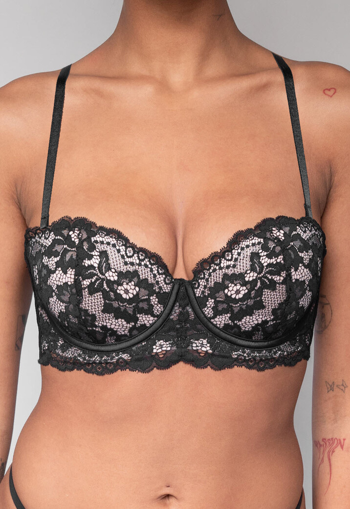 Zwarte Kanten Balconette BH met Push-Up en Afneembare Bandjes