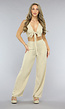 Beige Linnenlook Two Piece Pantalon Set met Strikdetail