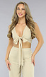 Beige Linnenlook Two Piece Pantalon Set met Strikdetail