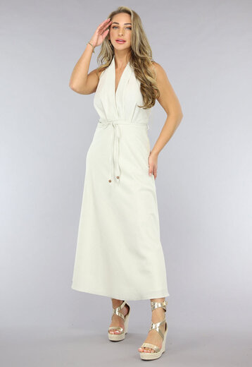 NEW1906 Beige Linnenlook Jurk met Halter Hals