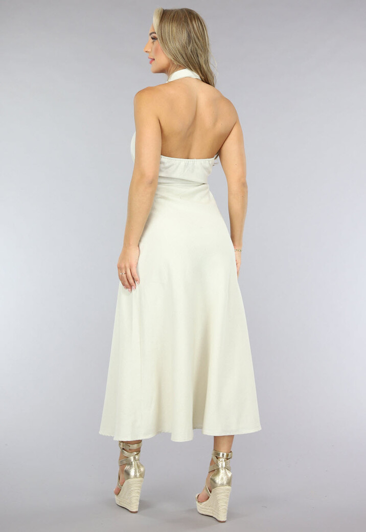 Beige Linnenlook Jurk met Halter Hals