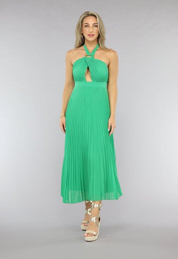 OP=OP.32.S Groene Plissé Jurk met Halter Model en Cut Out