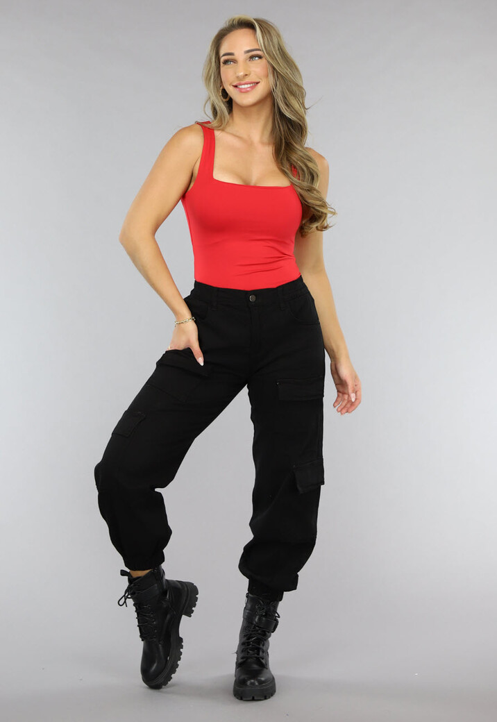 Rode Elastische Top met Vierkant Uitgesneden Hals