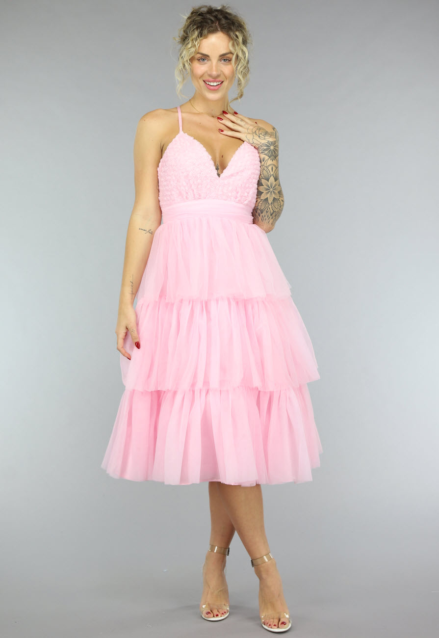Roze Layered Tule Jurk met Roosjes Uwantisell