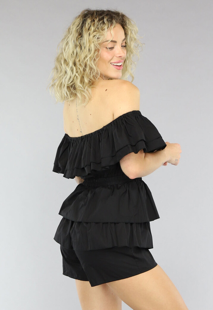 Zwarte Off Shoulder Ruffle Playsuit