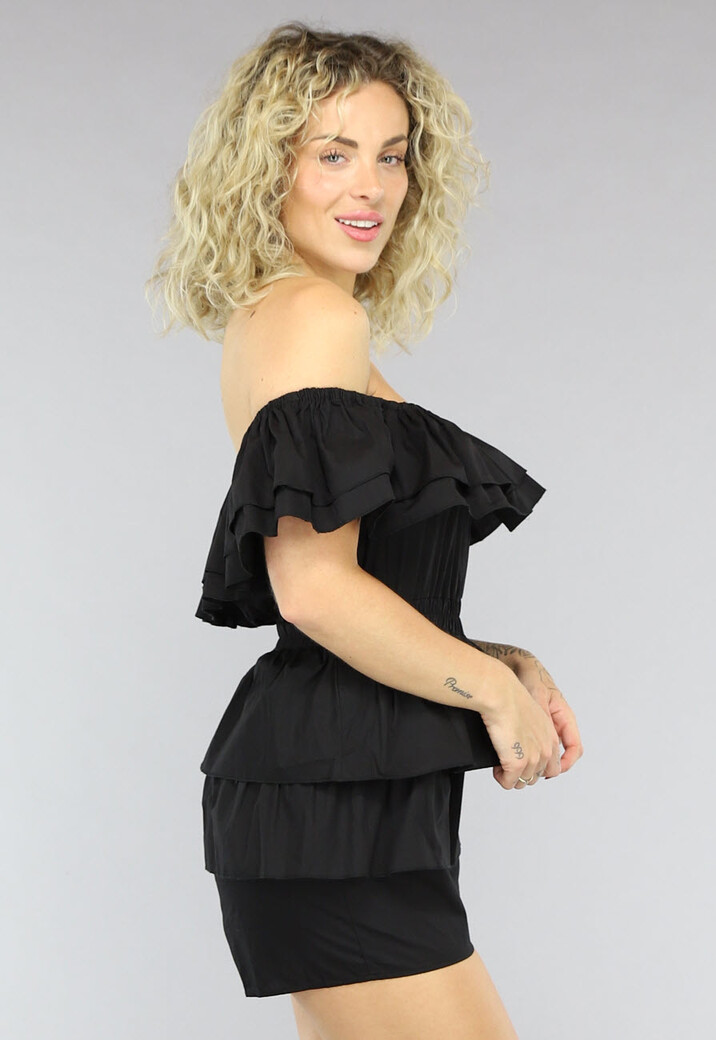 Zwarte Off Shoulder Ruffle Playsuit