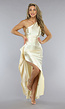 Champagnekleurige Satijnen One Shoulder Jurk met Hoge Split