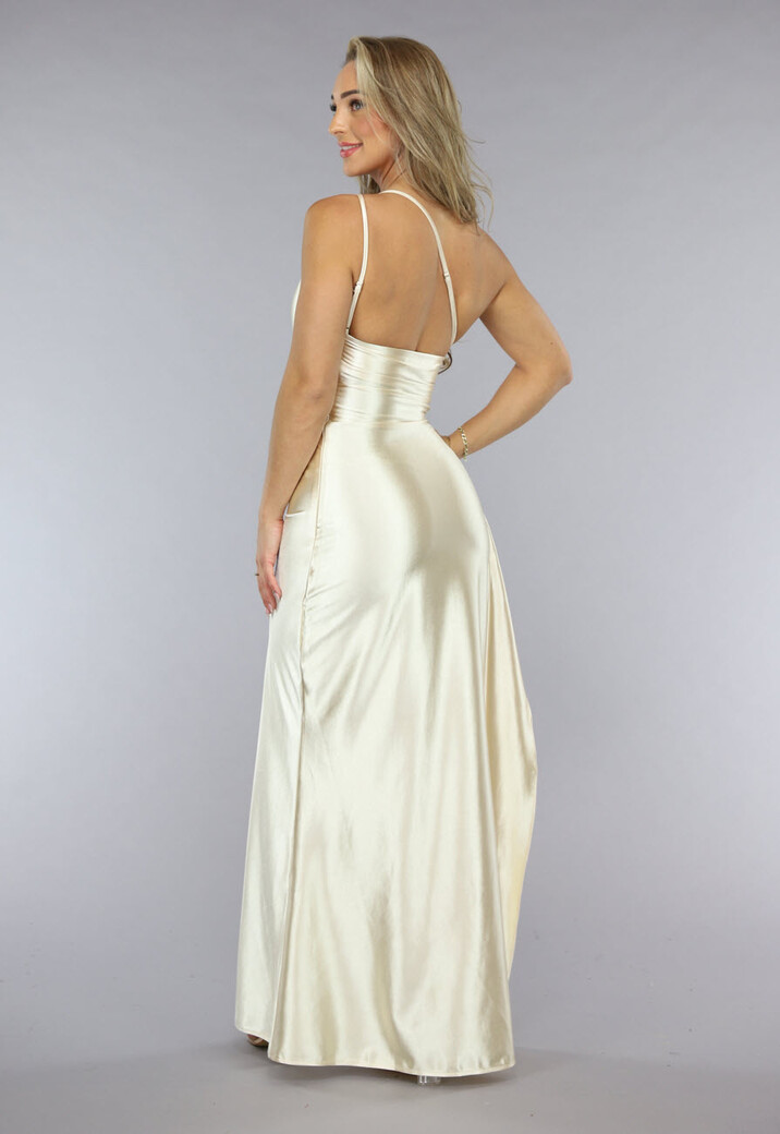 Champagnekleurige Satijnen One Shoulder Jurk met Hoge Split