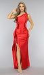 Rode Satijnen Avondjurk met One Shoulder