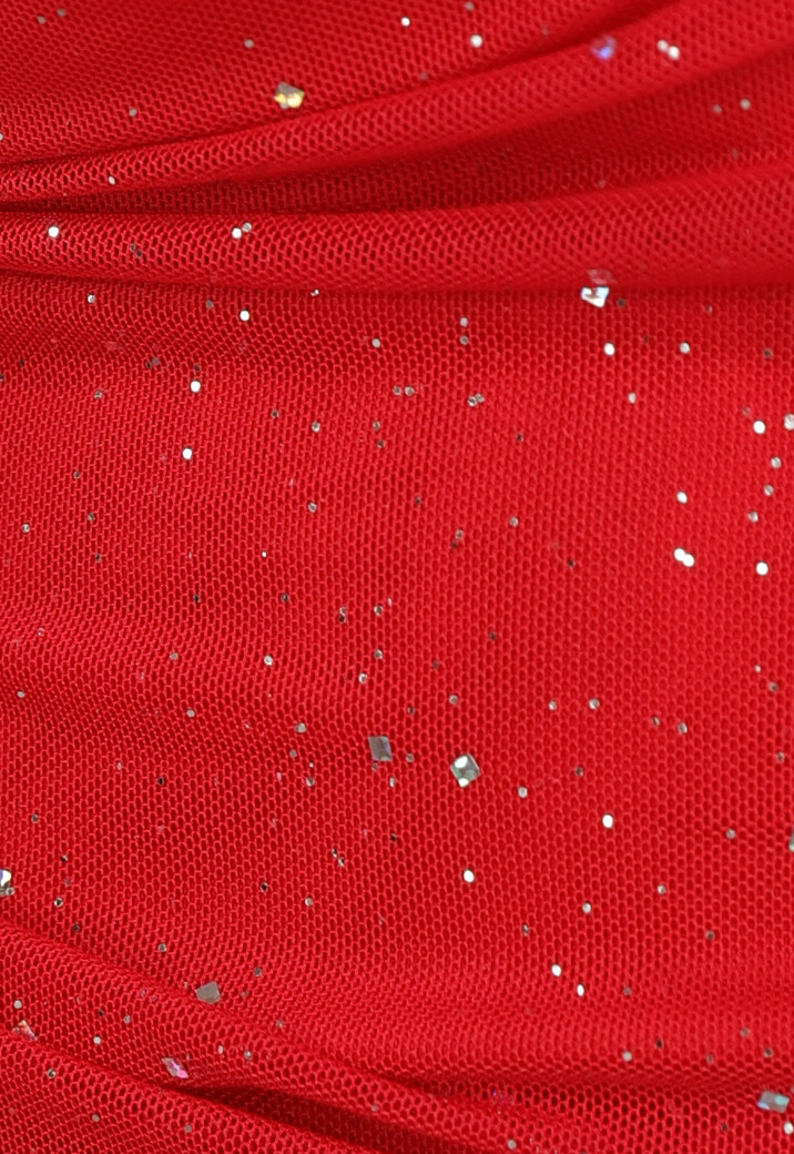 Mesh Glitter Jurk in Rood met Pofmouwen