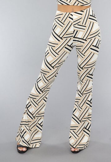 NEW2606 Beige Stretchy Flare Broek met Streep Patroon