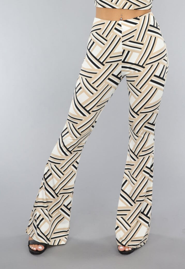 Beige Stretchy Flare Broek met Streep Patroon