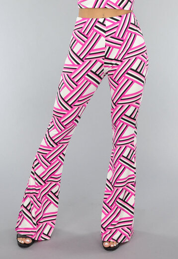 NEW2606 Fuchsia Streepjes Print Flare Broek met Stretch