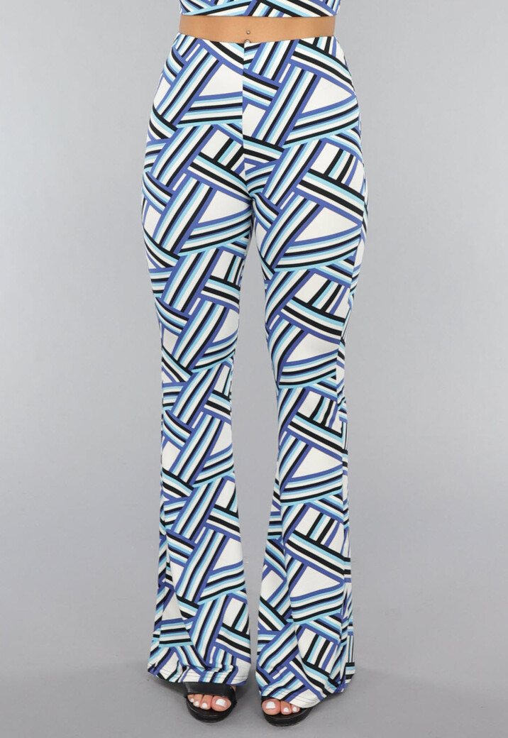 Elastische Blauwe Flare Broek met Grafische Print