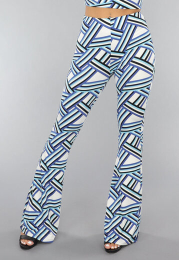 NEW2606 Elastische Blauwe Flare Broek met Grafische Print