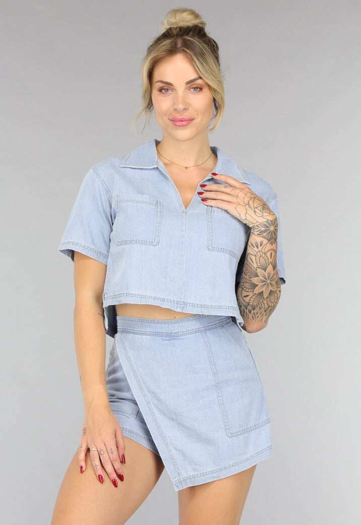 Lichtblauwe Denim Two Piece met Skort