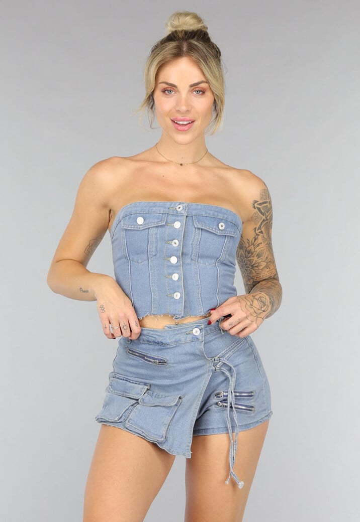 Lichtblauwe Denim Strapless Co Ord Set