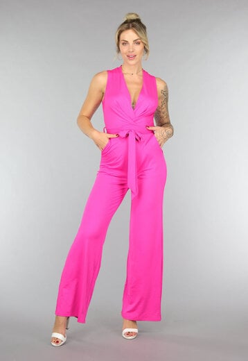 NEW0307 Fuchsia Mouwloze Wide Leg Jumpsuit