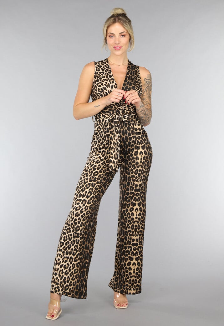 Aansluitende Stretch Panterprint Jumpsuit met Ceintuur