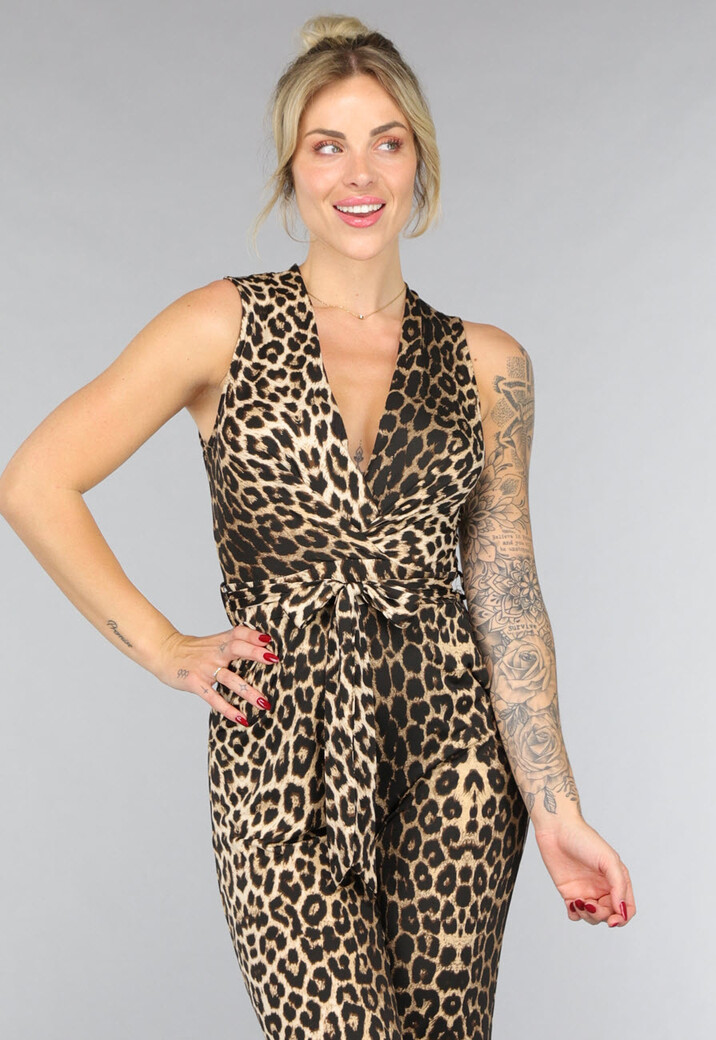 Aansluitende Stretch Panterprint Jumpsuit met Ceintuur